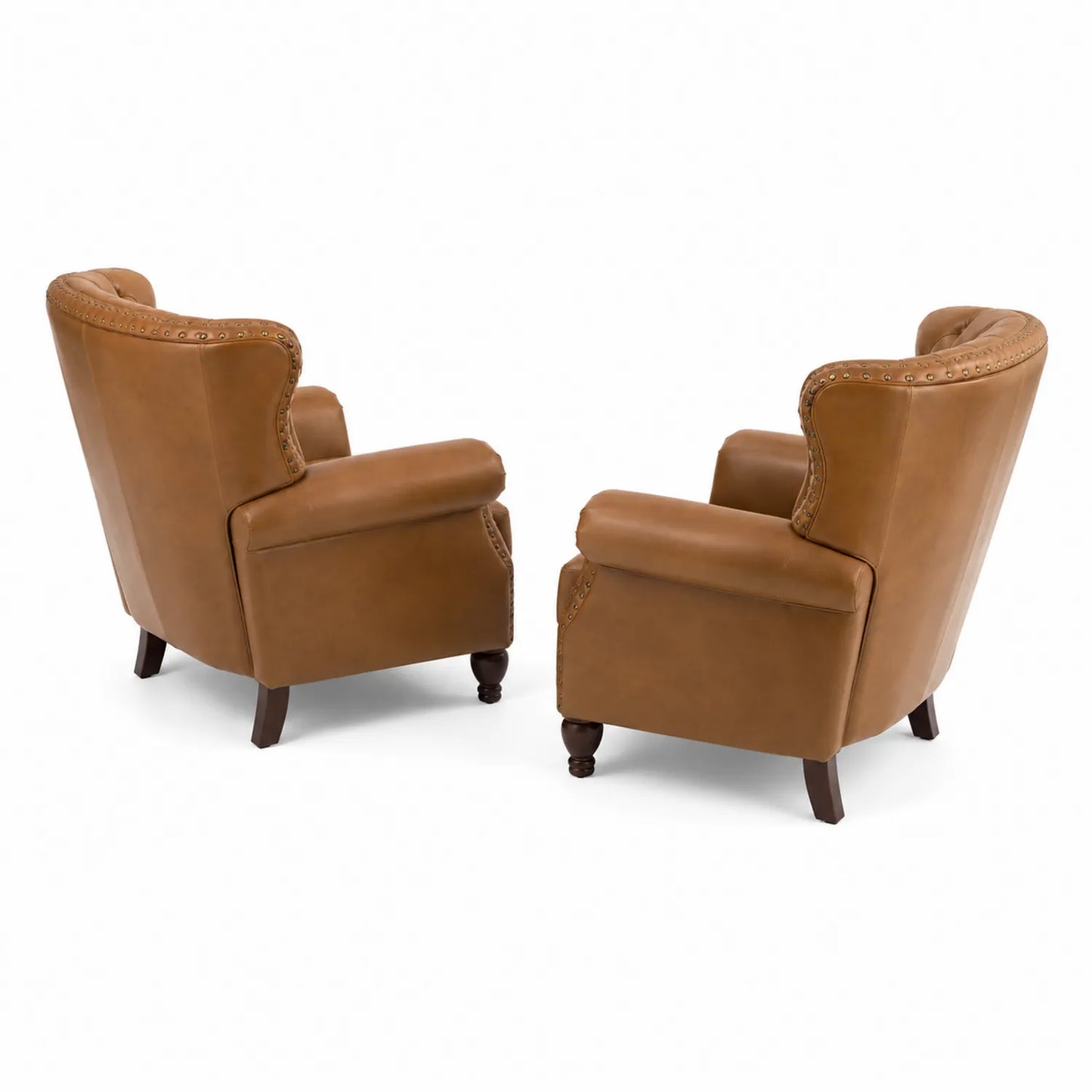 Lot de 2 fauteuils en cuir marron avec pieds en bois