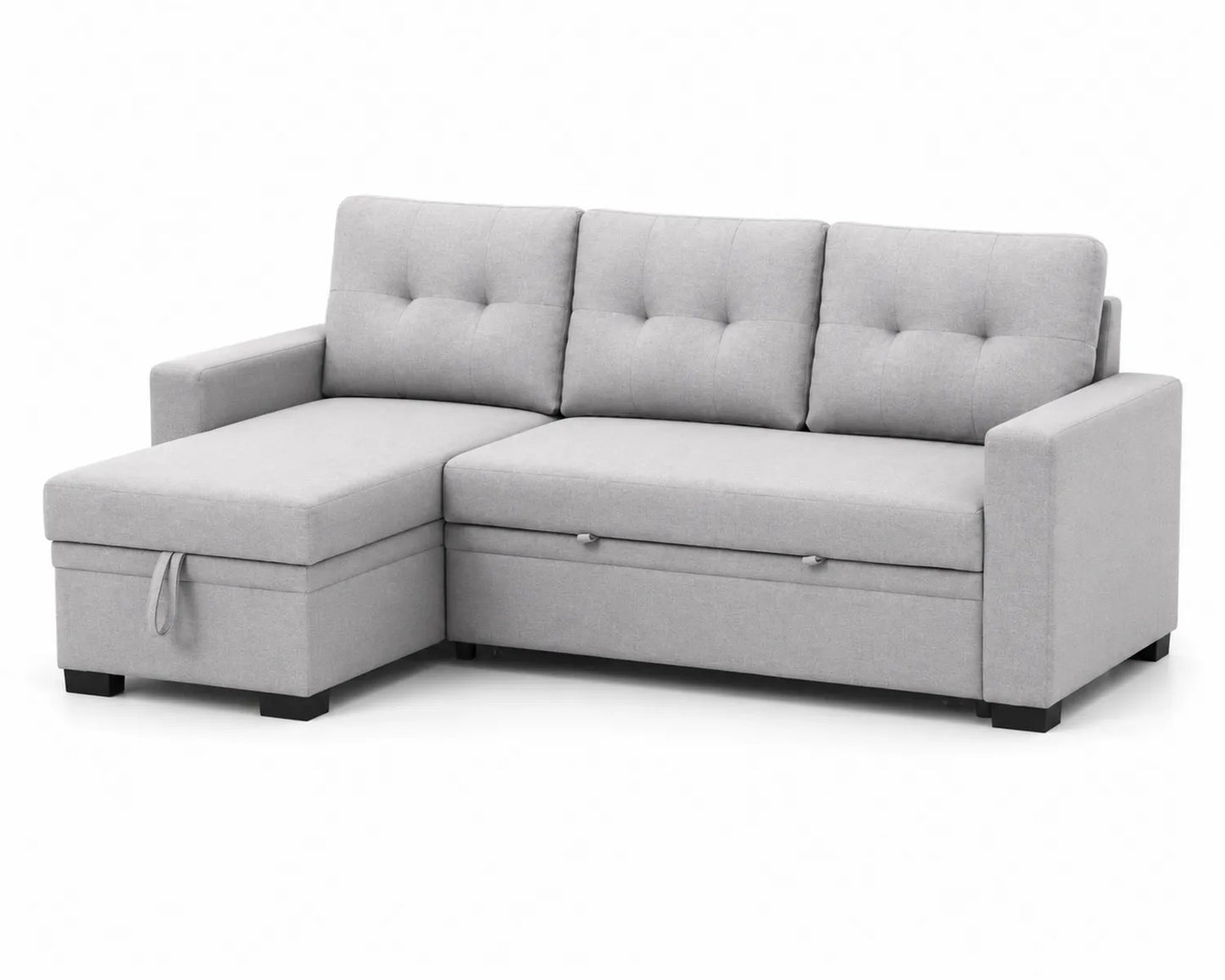 Sofá cama esquinero de tela gris claro con almacenamiento