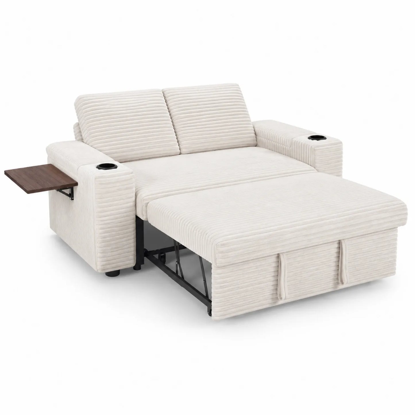 Sofá cama de poliéster beige con mesa auxiliar y chaise longue extraíble