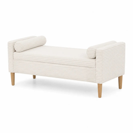 Banc en velours côtelé beige avec pieds en bois