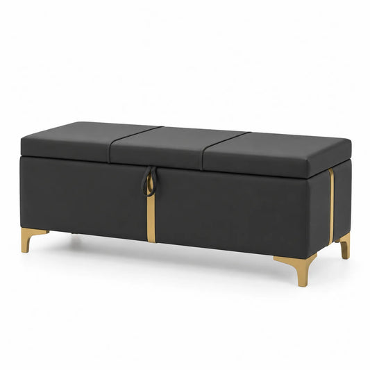 Banc de rangement avec revêtement en similicuir et pieds métalliques