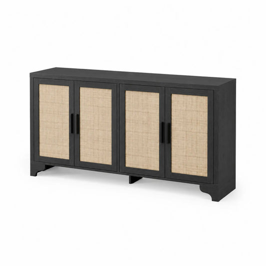 Buffet en contreplaqué et rotin 160x40x75 cm Noir/Naturel