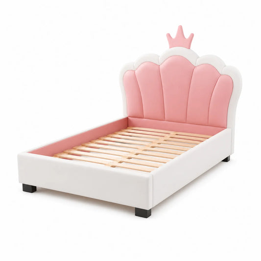 Lit enfant en bois et cuir PU, 200 cm x 100 cm, rose et blanc