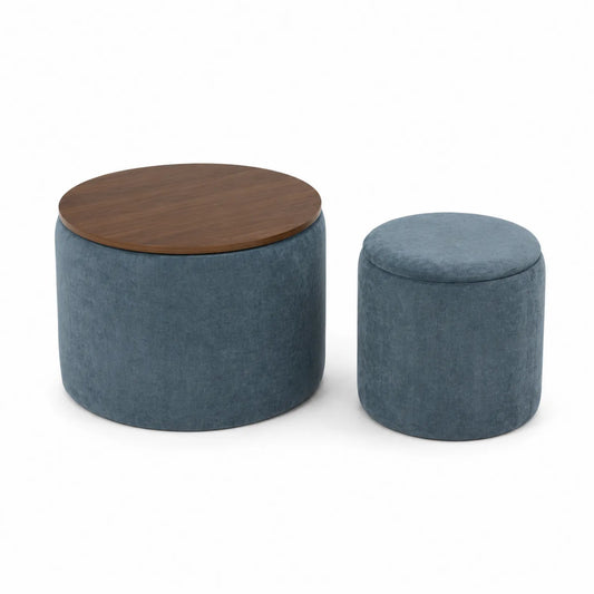 Ensemble de poufs en tissu bleu avec couvercle en bois