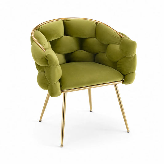 Chaise en tissu vert avec structure en métal