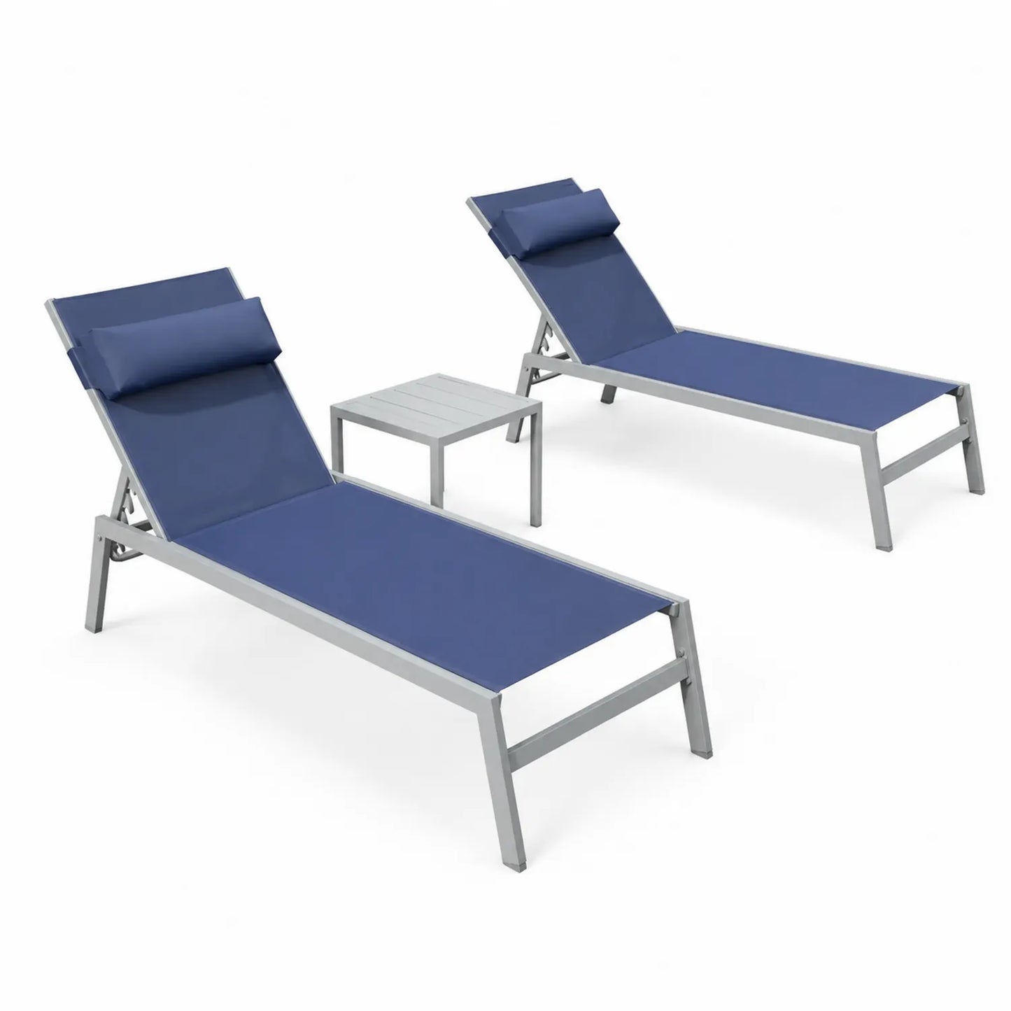 Ensemble de 2 chaises longues en aluminium avec table d'appoint bleue
