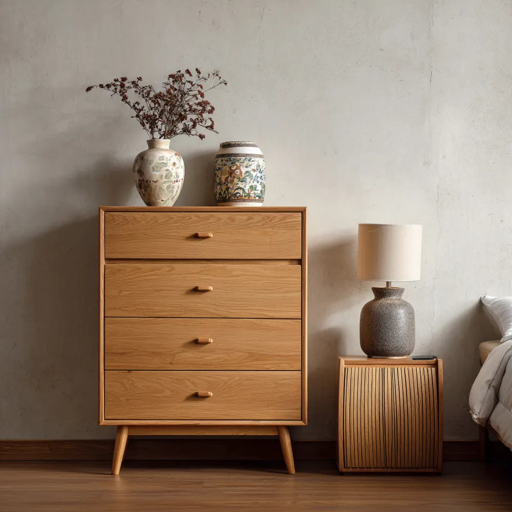 Chest of Drawers Solid Wood 4-Drawer 85x40x100 cm - Natural Finish - Mid-Century Modern